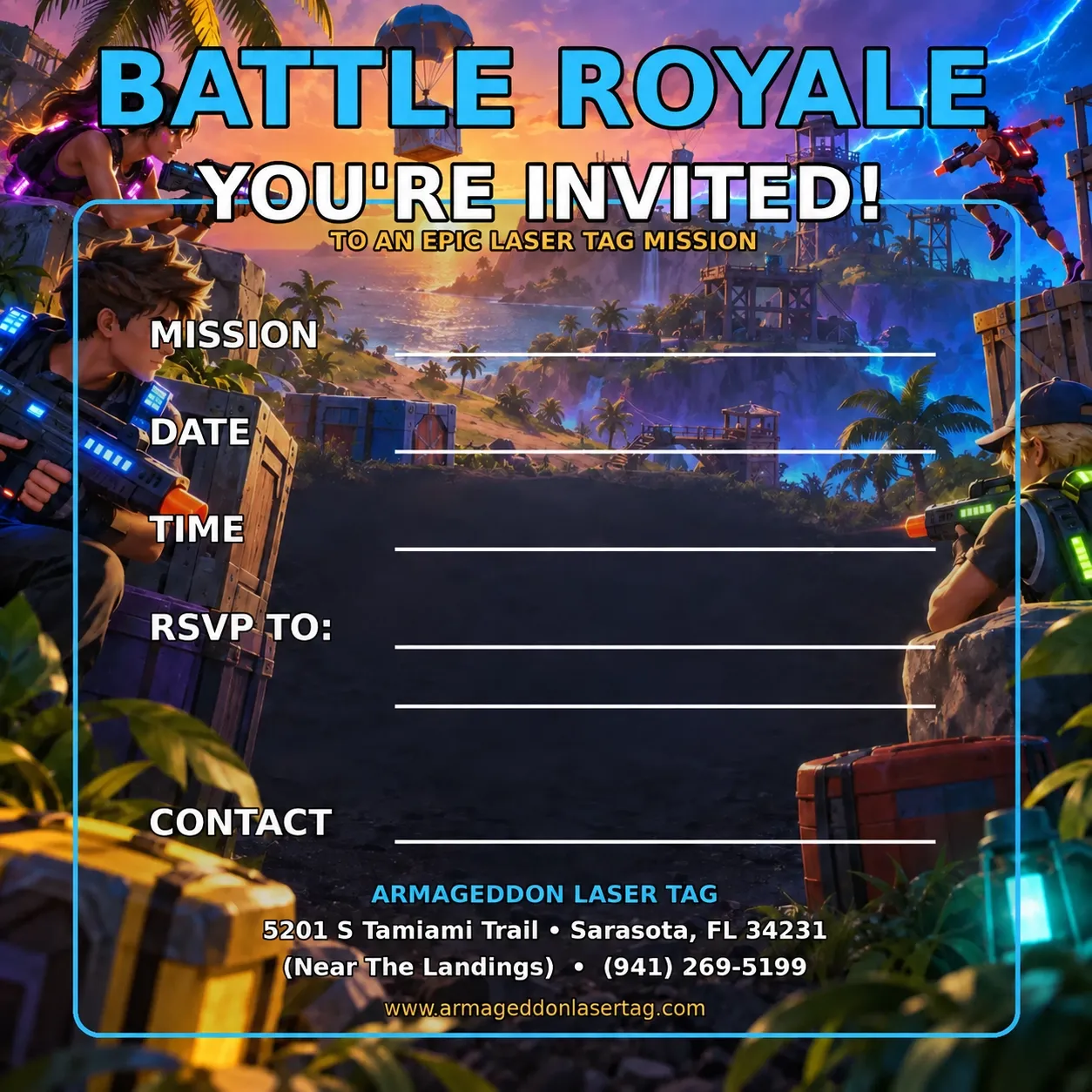 Battle Royale laser tag birthday party invitation template from Armageddon Laser Tag in Sarasota