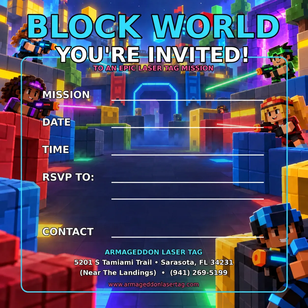 Block World laser tag birthday party invitation template from Armageddon Laser Tag in Sarasota