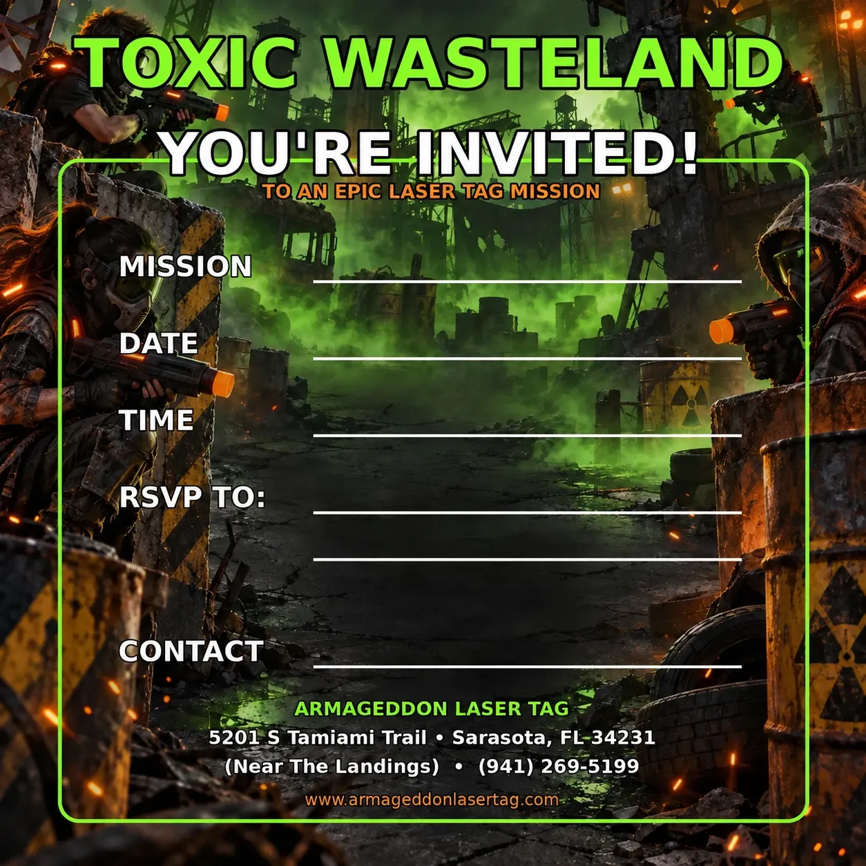 Toxic Wasteland laser tag birthday party invitation template from Armageddon Laser Tag in Sarasota